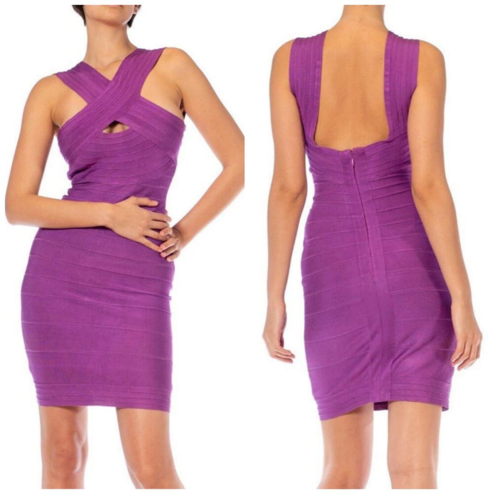 Herve Leger Criss Cross Bodycon Bandage Dress Purple $1050 XS